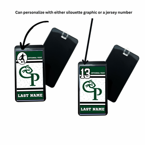 two personalized Comstock Panthers bag tags with jersey number and silhouette graphic options and customizable text in green, black, and white