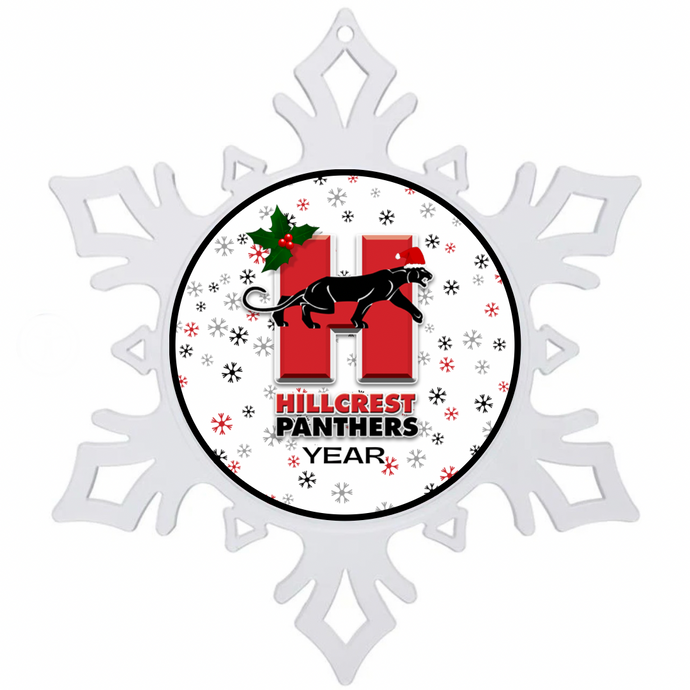 Snowflake-shaped ornament with Hillcrest Panthers logo and text on a white background