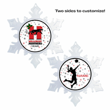 Two customizable snowflake-shaped ornaments with Hillcrest panthers logos and the other with a volleyball player silhouette and personalized text 
