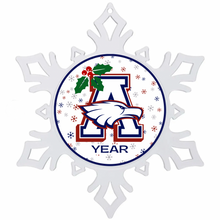 Acrylic Snowflake-shaped ornament with a holiday themed Allen Eagles high school logo in the center and text for current year