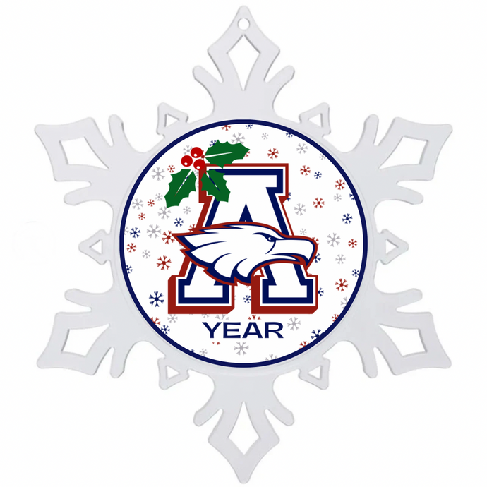 Acrylic Snowflake-shaped ornament with a holiday themed Allen Eagles high school logo in the center and text for current year