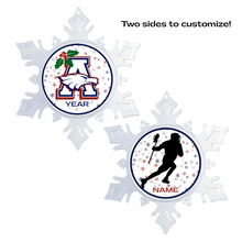 Two customizable snowflake-shaped ornaments with a holiday themed Allen Eagles logo and current year on one side and a black silhouette graphic of a male lacrosse player and personalized name text on the back
