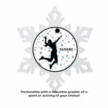 Snowflake-shaped acrylic ornament with silhouette graphic of a female playing volleyball, customizable with 'NAME'.