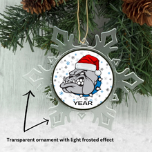 Decorative snowflake shaped Christmas ornament with a holiday Belgreen bulldog wearing a Santa hat with snowflake background