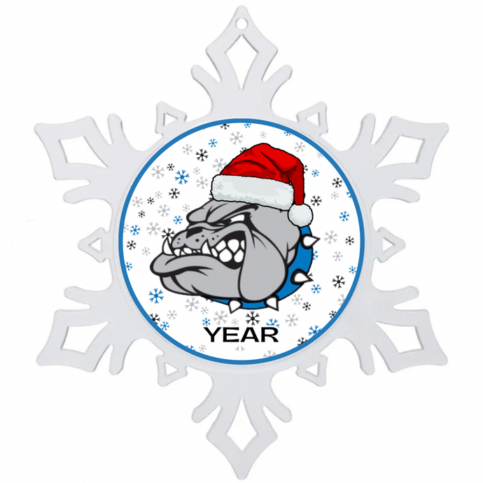 White snowflake-shaped ornament with a holiday themed Belgreen bulldog wearing a Santa hat and 'Year' text in the center