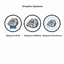 Three graphic options featuring a Belgreen high school bulldog logo with different designs in blue, black, and white