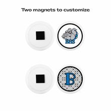 Two customizable acrylic magnets with a Belgreen BHS bulldog logo and letter 'B' on a white background