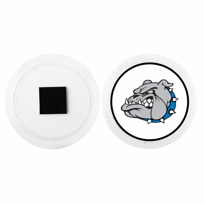 front and back view of a circular acrylic magnet with a graphic of the Belgreen Bulldog mascot logo
