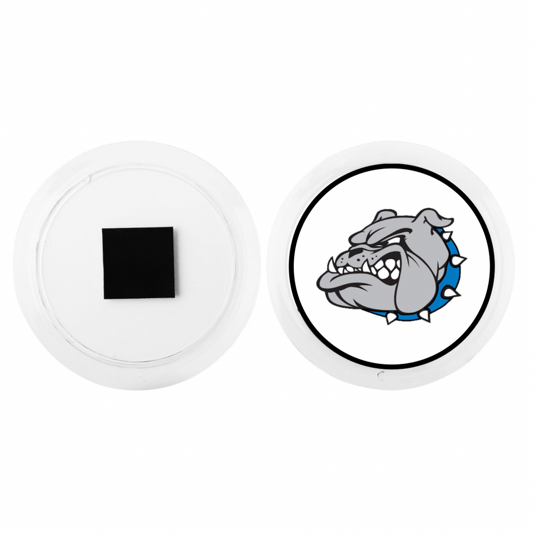 front and back view of a circular acrylic magnet with a graphic of the Belgreen Bulldog mascot logo