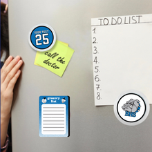 Fridge with various magnets including a personalized jersey number 25 magnet, a 'grocery list' and a Belgreen BHS bulldogs magnet