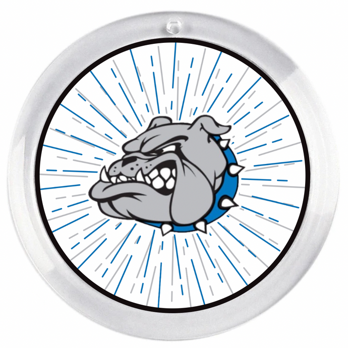 acrylic disc with Circular design with a bulldog illustration and blue radiating lines on a white background