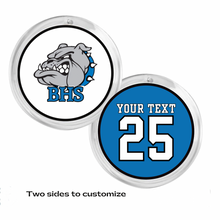 Two customizable badge designs with a Belgreen bulldog logo and text space along with a personalized jersey number in blue, black and white