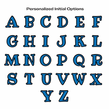 Blue letters A to Z outlined in black in ribeye font with text 'Personalized Initial Options'.