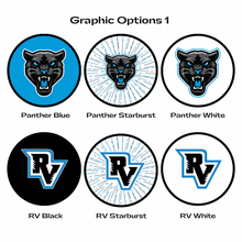 Set of six graphic options featuring River valley panther and RV logos with different color schemes in black, blue, and white