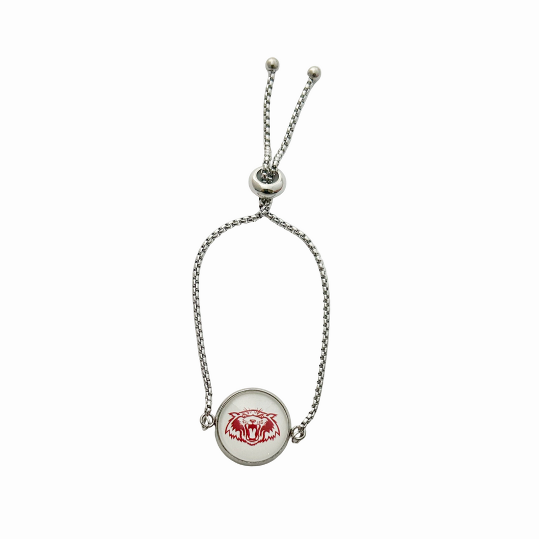 stainless steel adjustable bracelet with a circular center charm featuring the Vines High School wildcat logo