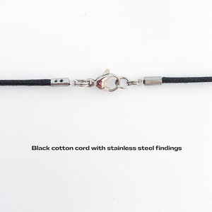 close up of 2mm black cotton cord with stainless steel lobster clasp