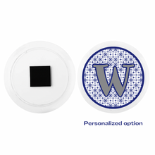 personalized acrylic photo magnet with a grey capital W initial and blue pattern background