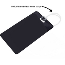 black luggage bag tag with clear worm strap