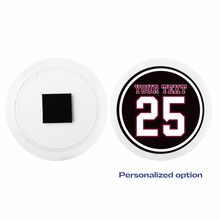 Personalized acrylic photo magnet featuring customizable text and jersey number 