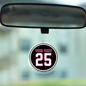 Personalized acrylic photo disc rear view mirror accessory with customized text and jersey number 