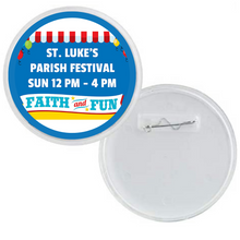 Custom acrylic photo badge promoting a church parish festival event ￼