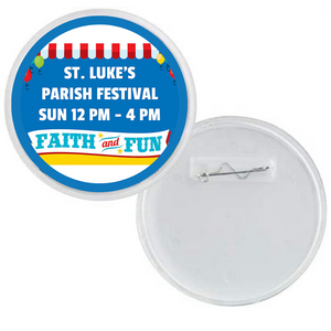 Custom acrylic photo badge promoting a church parish festival event ￼