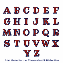 red capital letters of the alphabet with navy blue outline in ribeye font