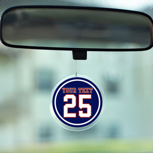 custom acrylic photo disc rearview mirror ornament with red and navy athletic jersey personalization