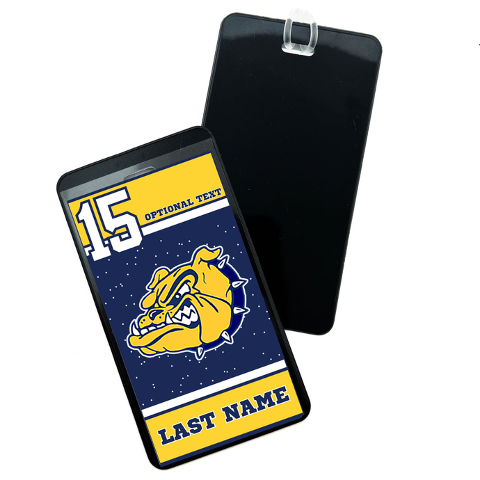 Personalizable name bag tag with the Olmsted Falls bulldog logo and customizable text on a blue and yellow background
