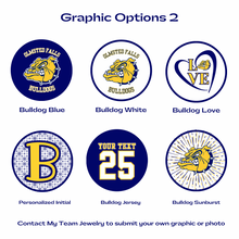 set of six olmsted falls bulldogs logos and personalized graphic options in blue, gold, and white