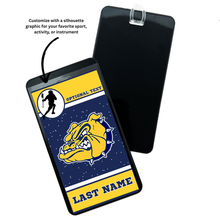 Personalizable name bag tag with the Olmsted Falls bulldog logo and customizable text on a blue and yellow background