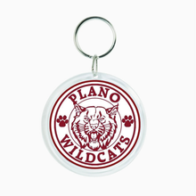 round acrylic photo keychain with the Plano Senior High Wildcats logo
