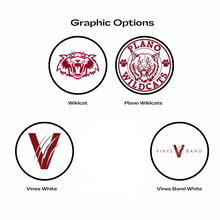 Set of five Plano Senior and Vines High School graphic options including a wildcat logo, Plano Wildcats logo, Vines White logo, Vines Band Maroon logo, and Vines Band White logo.