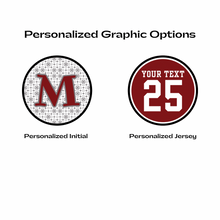 Two personalized graphic options including a maroon initial M and a number 25 with personalized text 