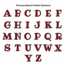 maroon capital letters A to Z on a white background with text 'Personalized Initial Options' in ribeye font