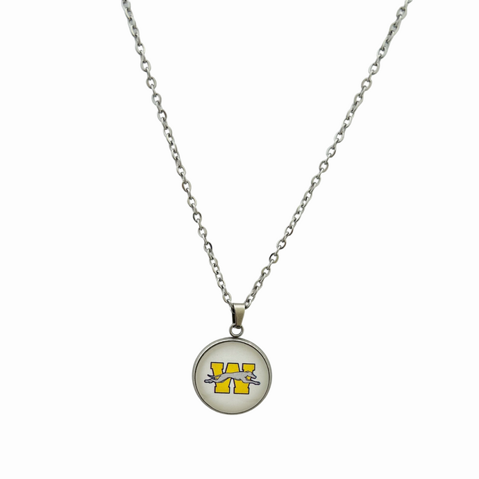 stainless steel necklace pendant with Wilmington Greyhounds logo on a curb chain