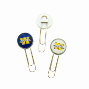 A set of three paperclips with a stainless steel base, featuring round charms at the top with the Wilmington Greyhounds logo in white and blue background