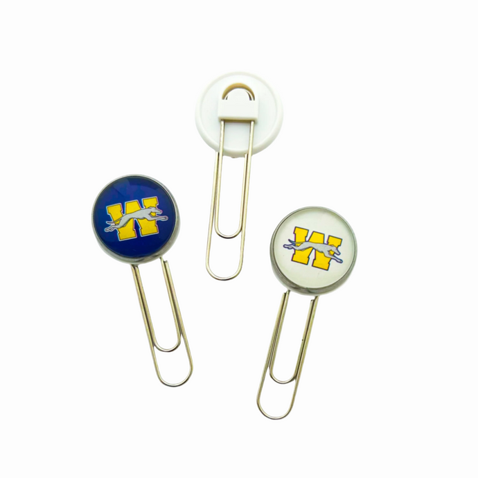 A set of three paperclips with a stainless steel base, featuring round charms at the top with the Wilmington Greyhounds logo in white and blue background