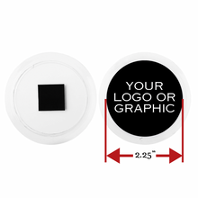 measurement diagram of a 2.25" round acrylic photo magnet with a black center with text reading 'your logo or graphic'
