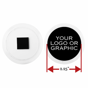 measurement diagram of a 2.25" round acrylic photo magnet with a black center with text reading 'your logo or graphic'