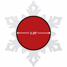 acrylic snowflake-shaped ornament with a red circle and 2.25" measurement label in the center