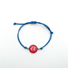 stainless steel CC cross country charm bracelet with blue adjustable cotton cord