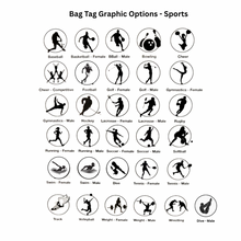 Collection of sports-themed bag tag silhouette graphic options on a white background