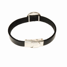 back view of black leather strap bracelet with stainless steel clasp and center slide charm