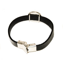 back view of black leather strap bracelet with an open stainless steel clasp and center slide charm
