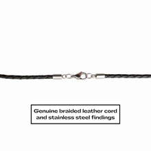black Braided leather cord with stainless steel clasp on a white background