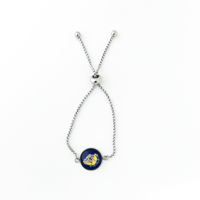 custom stainless steel adjustable slide bracelet with olmsted falls bulldog charm in navy and yellow