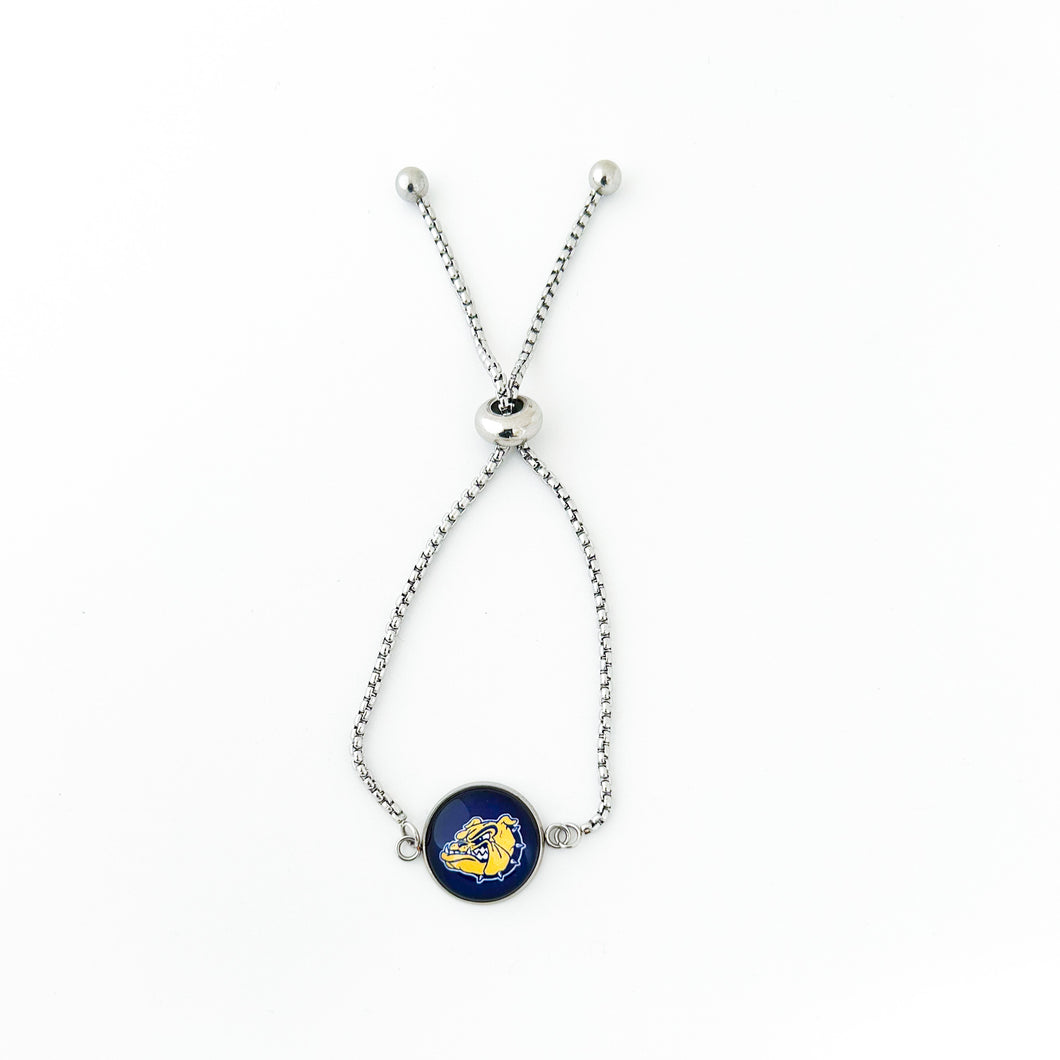 custom stainless steel adjustable slide bracelet with olmsted falls bulldog charm in navy and yellow