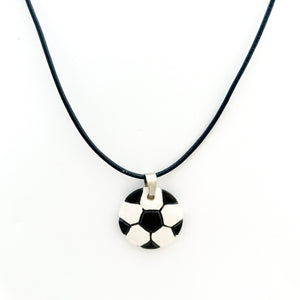 ceramic soccer pendant necklace on a black leather cord