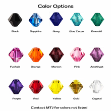 color chart featuring several 6 mm Swarovski crystal bicone beads in a variety of colors